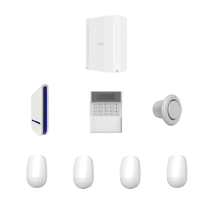 Hikvision AX-Hybrid-Pro-Alarm-KIT-2 -> Wired Security Intrusion Alarm Kit -> Includes -> 1 * DS-PHA64-LP/NP Hybrid IP Wired Alarm Panel + 1* DS-PK1-LRT-HWB Wired Keypad + 4* DS-PDP18-EG2 Wired PIRs + 1* EC-Siren Wired External Strobe Siren + 1* PS209-R Wired Indoor Siren