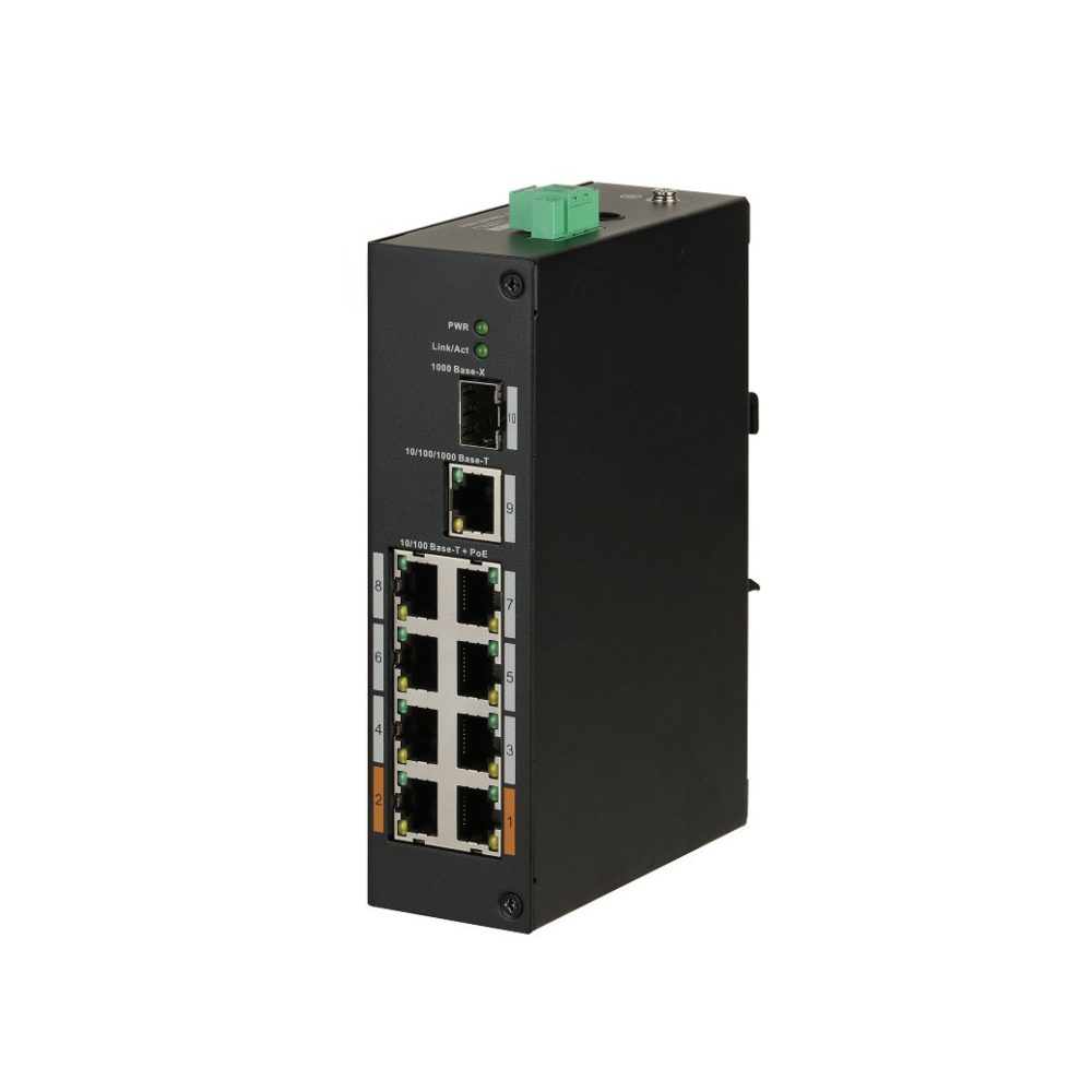 D-Tech DH-PFS3110-8ET-96 Unmanaged DIN-RAIL Hardened (Industrial) Network PoE Switch with 8* FE PoE Ports + 1* GbE Uplink Port + 1* SFP Slot