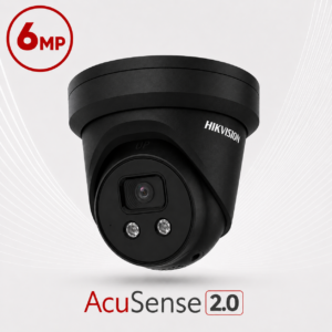 Hikvision DS-2CD2366G2-ISU/SL-BLK-2.8MM AcuSense Gen 2 H265 6MP PoE IP Darkfighter-Powered Low-Light (0.003 Lux) EXIR (30m) 120dB True-WDR Weatherproof Black Eyeball Turret Camera with 2.8mm Fixed Lens, with Built-in Audio Mic + Speaker + Strobe + Siren - With Audio In/Out & Alarm In/Out