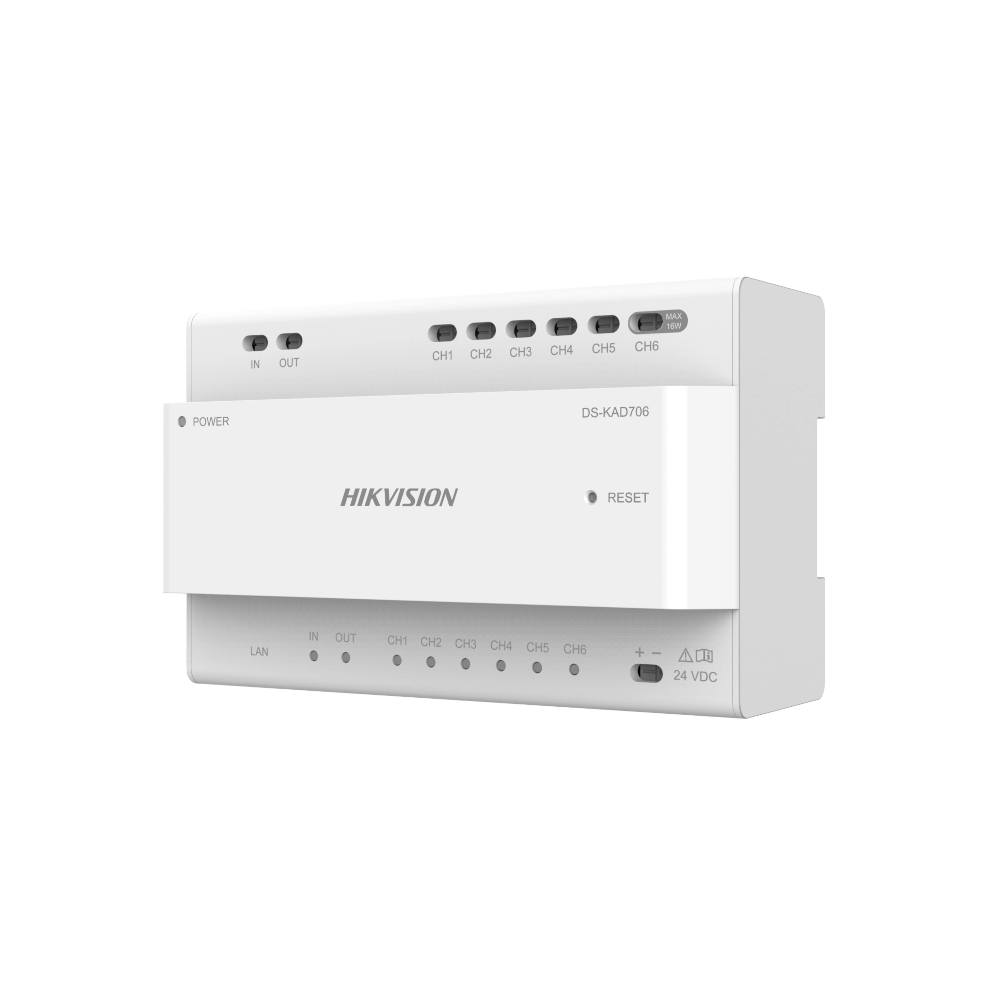 Hikvision DS-KAD706Y-P 2-Wire IP Intercom Network Distributor Junction Box - DIN-RAIL Mount - 6x 2-Wire Device Ports + 2x 2-Wire Cascade Ports - Comes with a 24VDC PSU Adapter