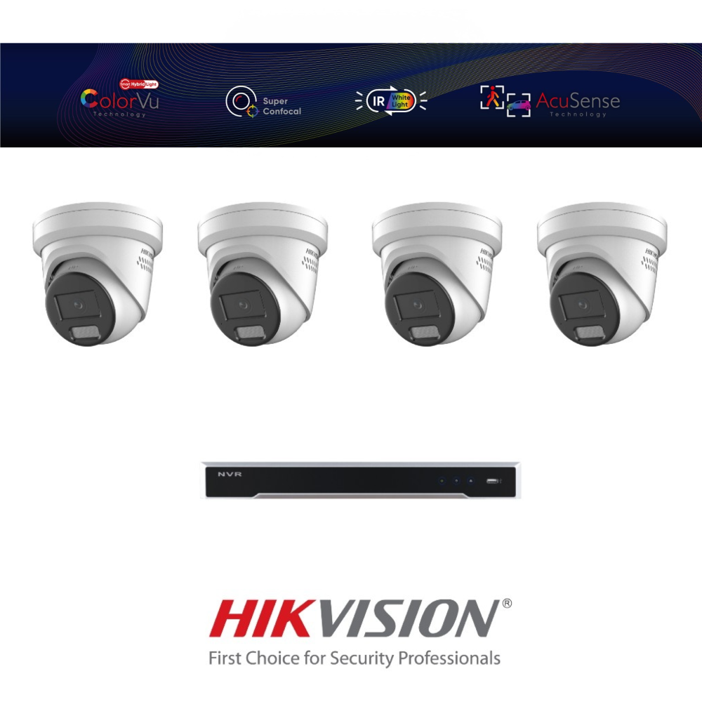 Hikvision HIKCV4MPIPCCTVKIT2 4MP ColorVu IP CCTV Kit with 1 * DS-7608NI-M2/8P-4TB NVR + 4 * DS-2CD2347G3-LI2UY-2.8MM 4MP Smart Hybrid Light IP Turret Cameras