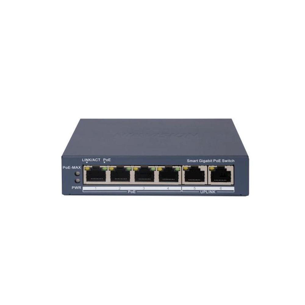 Hikvision DS-3E1506P-EI Smart-Managed-Series Full-Gigabit Network PoE Switch - 4* GbE PoE Ports + 2* GbE Uplink Ports - 60w PoE Budget - PoE Watchdog - Supports Extend Mode