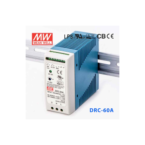 %%excerpt%% Mean Well DRC-60A AC-DC Industrial DIN-RAIL PSU with UPS Function; Output 13.8VDC @ 2.8A + 13.8VDC @ 1.5A; With Battery Charger Output