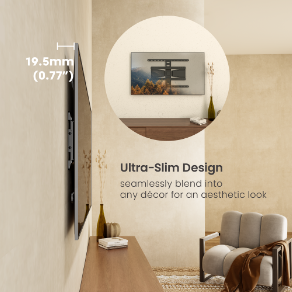 Brateck LPA79-464 Full Motion Ultra-Slim TV Wall Mount Bracket. VESA Support up to 600x400. Profile 19.5-250mm. Bubble Level Included. Tilt 7 Swivel. Max Load 50Kgs. Matte Black Colour