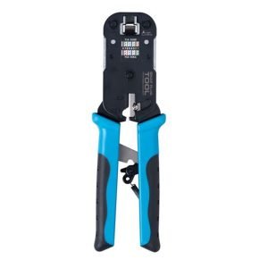 Dynamix PTC-HD Heavy Duty Push-Through / Pass-Through Crimp Tool with Built-in Stripping & Cutting Blade. Ratcheted handle, Replaceable Trimming Blade