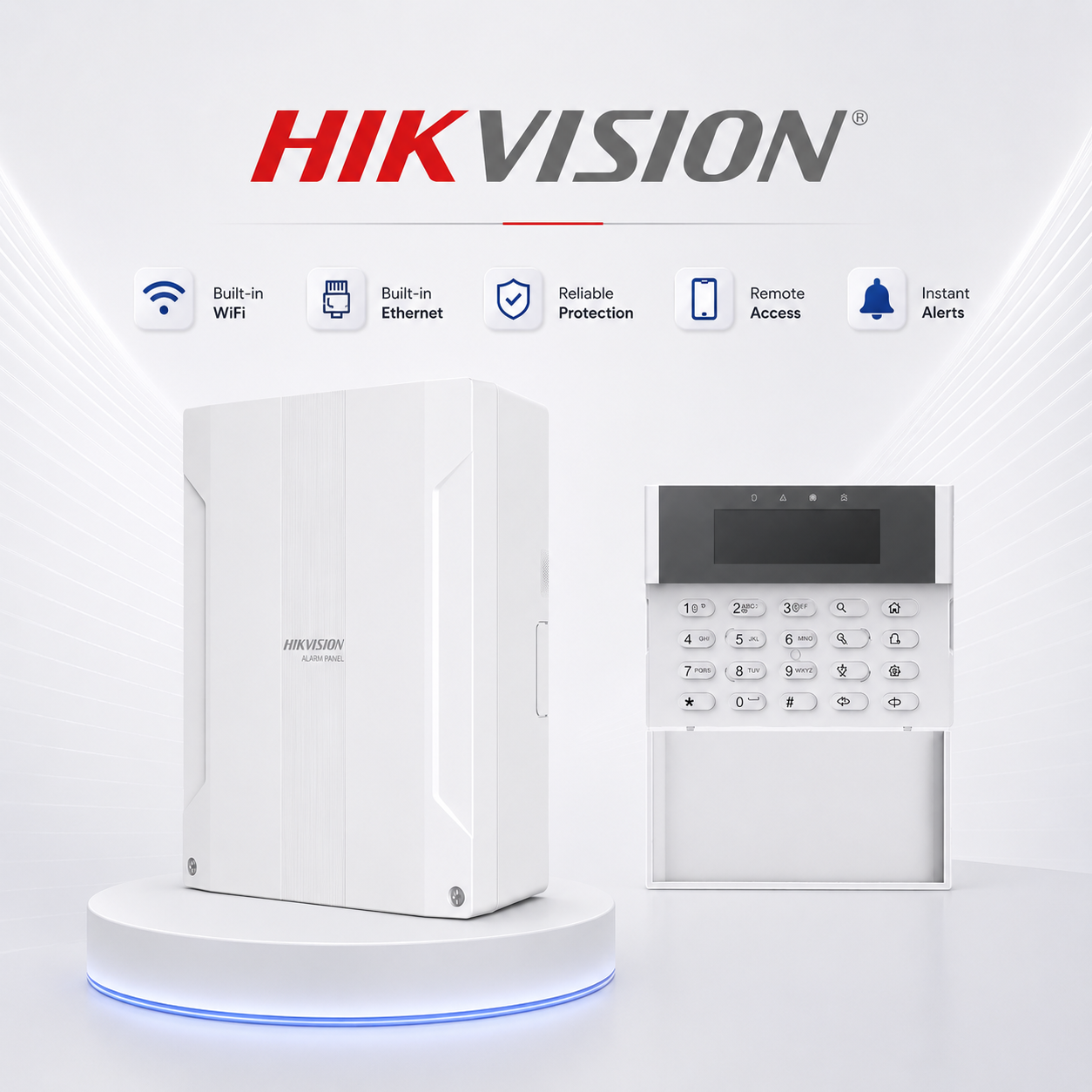 Hikvision AX-Hybrid-Pro-Alarm-KIT-1 -> Wired Security Intrusion Alarm Kit -> Includes -> 1* DS-PHA64-LP Hybrid Wired Alarm Panel + 1* DS-PK1-LRT-HWB Wired Alarm Keypad