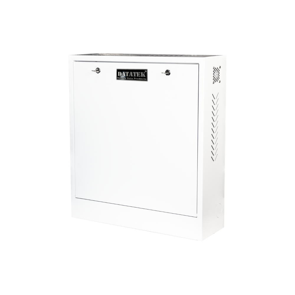 Datatek SECCAB Dual-Lock Security Cabinet with 5 Outlet PDU & 2x Cooling Fans - Supports up to 24 Inch Monitor & 2RU Equipment - Weight Cap up to 30Kgs, PDU Included, 2x Keys Included - Wall Mount - White Colour