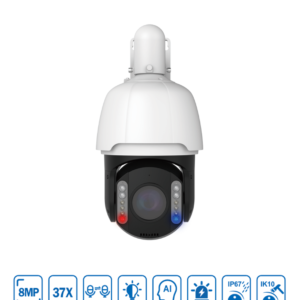 Raysharp RS-CH848M6CC37-HLA-AP Pro Series AI H265 4K 8MP PoE+ IP Smart-Dual-Light (200m IR + 30m White-Light) 120dB True-WDR Auto-Tracking Weatherproof PTZ (Pan Tilt Zoom) Camera with 37x Optical Zoom Lens - Active-Deterrence Features - Strobe + Siren + 2-Way Audio (Mic + Speaker)- Includes a Wall-Mount Bracket