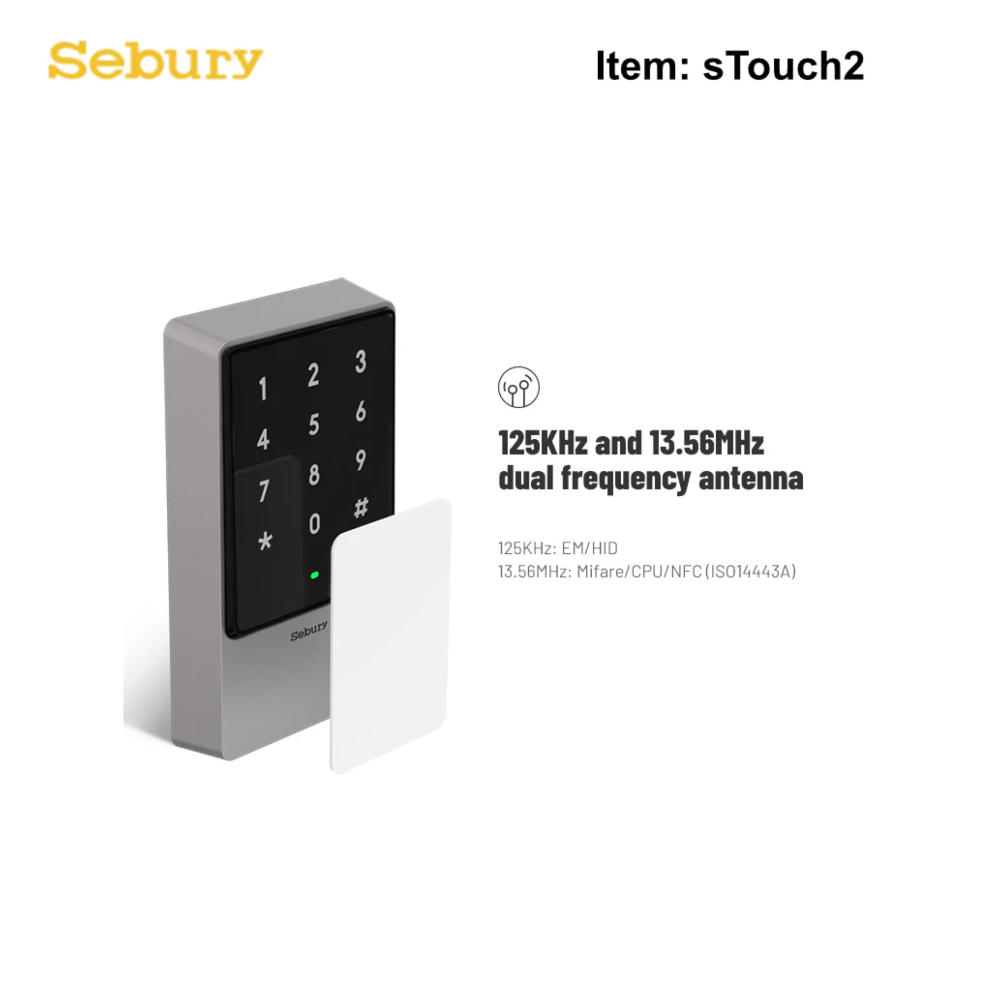 Sebury sTouch2 Standalone Access Control Keypad with Integrated Card-Reader - Metal Casing - 12VDC ~ 24VDC Input - 125KHz and 13.56MHz Dual-Band - Backlite - IP68 Rated Weatherproof