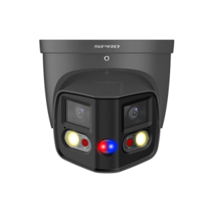 SPRO DHIPD40-LR-DUO-D-G Panoramic SMD AI (Artificial Intelligence) TiOC Duo Active-Deterrence H265 4K 8MP (2* 4MP) PoE IP Dual-Illumination (25m IR + 20m Warm-White-Light) 120dB True-WDR Low-Light Weatherproof Black Eyeball Turret Camera with 180° Ultra-Wide-Angle Horizontal FoV with 86° Vertical FoV - Dark Grey Colour - Built-in Mic + Speaker + Strobe + Siren
