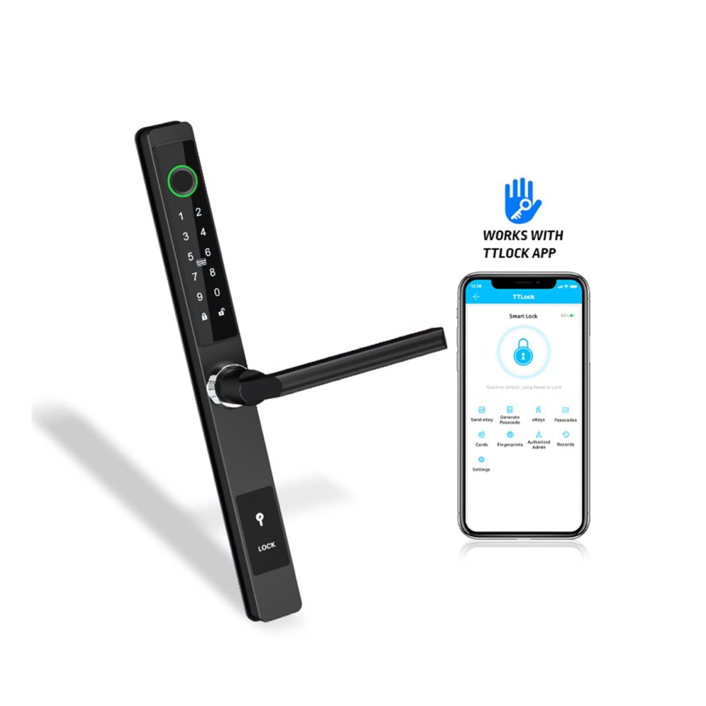 iSecure A210-TT-BLE-3585-HK-BN Battery-Powered Smart-Lock - Slimline - Double Hook Mortise - Weatherproof - Access by TTLock App, Fingerprint, Keypad, Mifare - Black Colour - Suitable for Door Thickness 30~65mm - Suitable for Double Sliding Doors