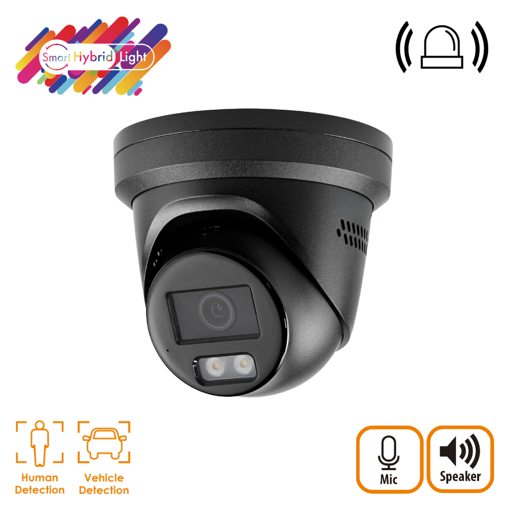 HiLook IPC-T289H-MU/SL-BLK-2.8MM Ai Deep-Learning H265 4K 8MP Smart-Hybrid-Light (30m IR + 30m White-Light) Full-Colour 120dB True-WDR Low-Light (0.005 Lux Colour) Active-Deterrence (Strobe + Siren) Weatherproof Black Eyeball Turret Camera with 2.8mm Fixed Lens - Built-in Mic + Speaker - 108° Horizontal Wide Angle View