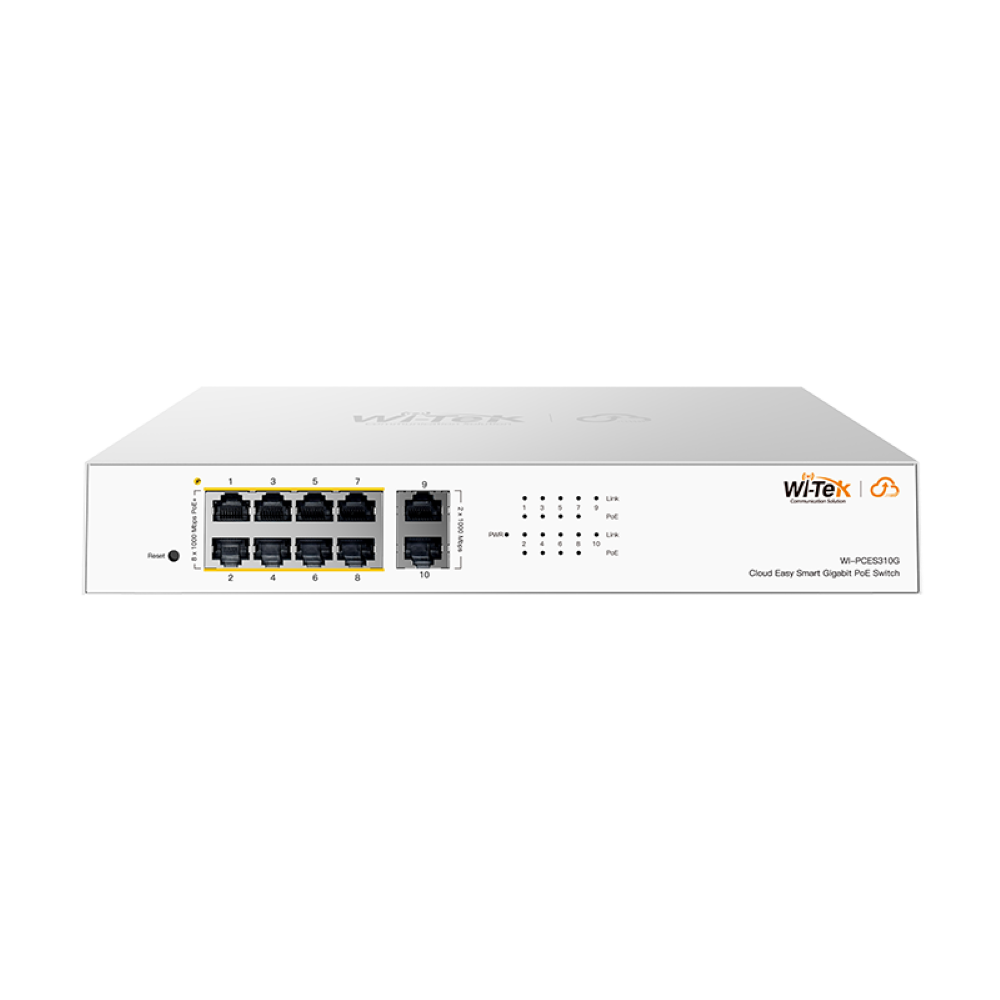Wi-Tek WI-PCES310G 1U Rackmount Full-Gigabit Network PoE Switch with 8 * GbE PoE Ports + 2 * GbE Uplink Ports - 110W PoE Power - Rackmountable - Can be Cloud Managed on Wi-Tek Cloud Platform