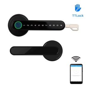 iSecure A201-TT-BLE-SL-BN Battery-Powered Smart-Handle-Lock - Access by TTLock App, Fingerprint, Touchpad - Black Colour - Suitable for Door Thickness 35~55mm