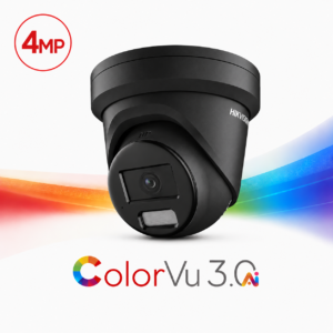 Hikvision DS-2CD2347G3-LIS2UY/SL-BLK-2.8MM ColorVu 3.0 AcuSense 3.0 Active-Deterrence Deep-Learning AI (Artificial Intelligence) 4MP PoE IP Smart Hybrid Light (30m IR + 30m White-Light) 130dB True-WDR Weatherproof Eyeball Turret Camera with 2.8mm Fixed Lens - Built-in Audio Mic + Speaker + Strobe + Siren - 111.1° Horizontal Field of View