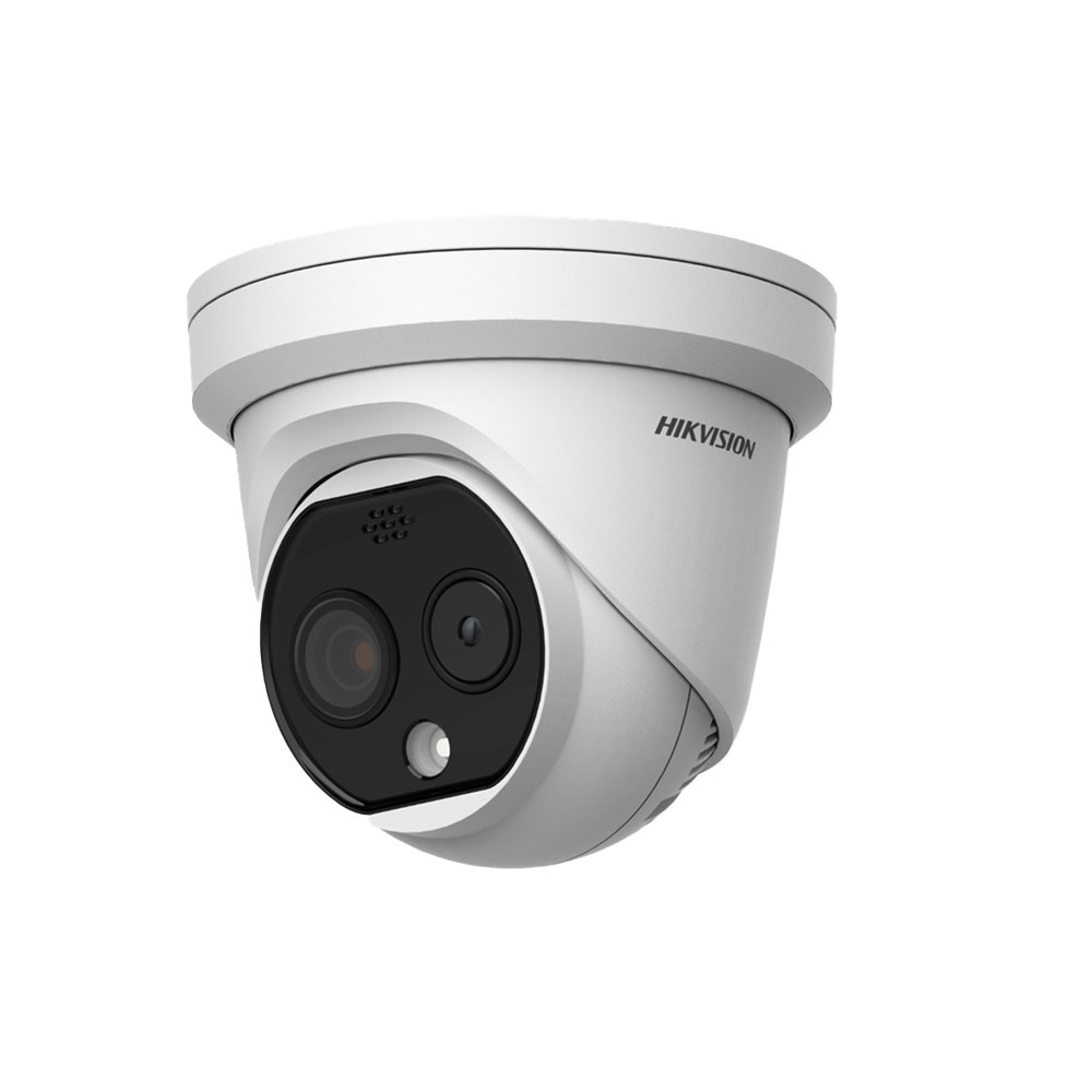 Hikvision DS-2TD1228T-2/QA HeatPro Series H265 Thermal & Optical Bi-spectrum Thermography Network Turret Camera - AI Features - Deep Learning - 256 x 192 Thermal Resolution + 4MP Optical Resolution - 2.1mm Thermal Fixed Lens + 2.2mm Optical Fixed Lens - 15m IR + 30m White Light Range - Strobe + Siren - Supports Smoke Detection - Audio & Alarm Input / Output
