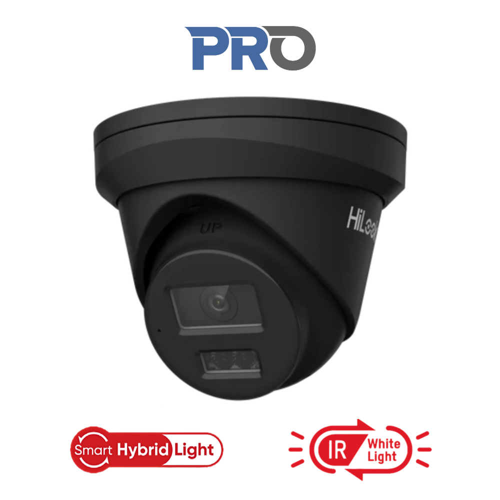 HiLook IPC-T383H-MU-BLK-2.8MM Pro-series AcuSense / IntelliSense H265 4K 8MP PoE IP Smart-Hybrid-Light (30m IR + 30m White-Light) Full-Colour 120dB True-WDR Weatherproof Eyeball Turret Camera with 2.8mm Fixed Lens - 119.6° Wide Angle View - Built-in Audio Mic