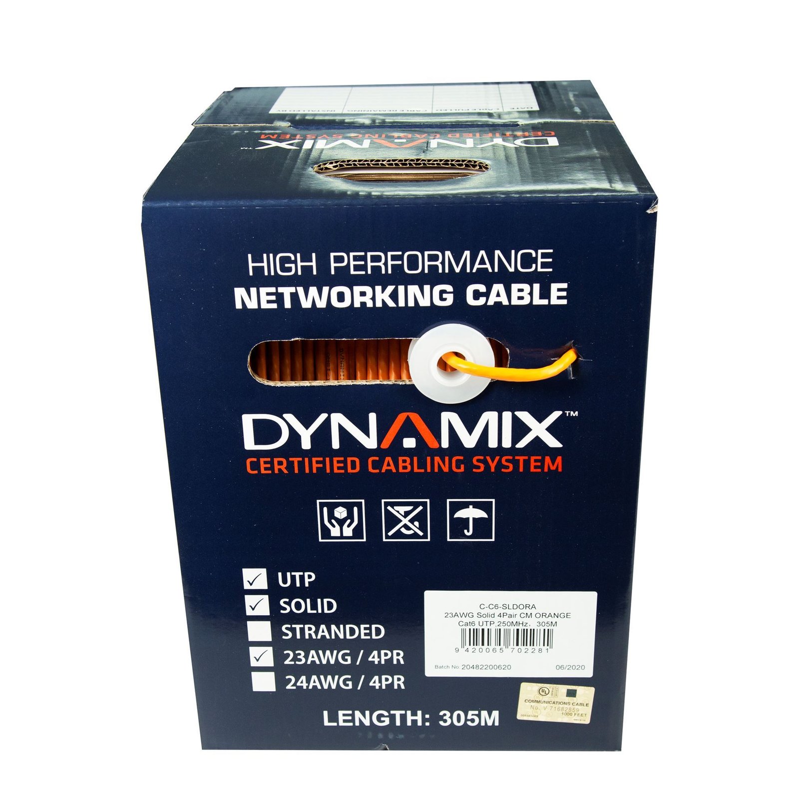 Dynamix C-C6-SLDORA 305m CAT6 Orange UTP SOLID Cable Roll, 250MHz, 23AWG x 4P, PVC CM UL Rated Jacket. Supplied on Plastic Reel in Box