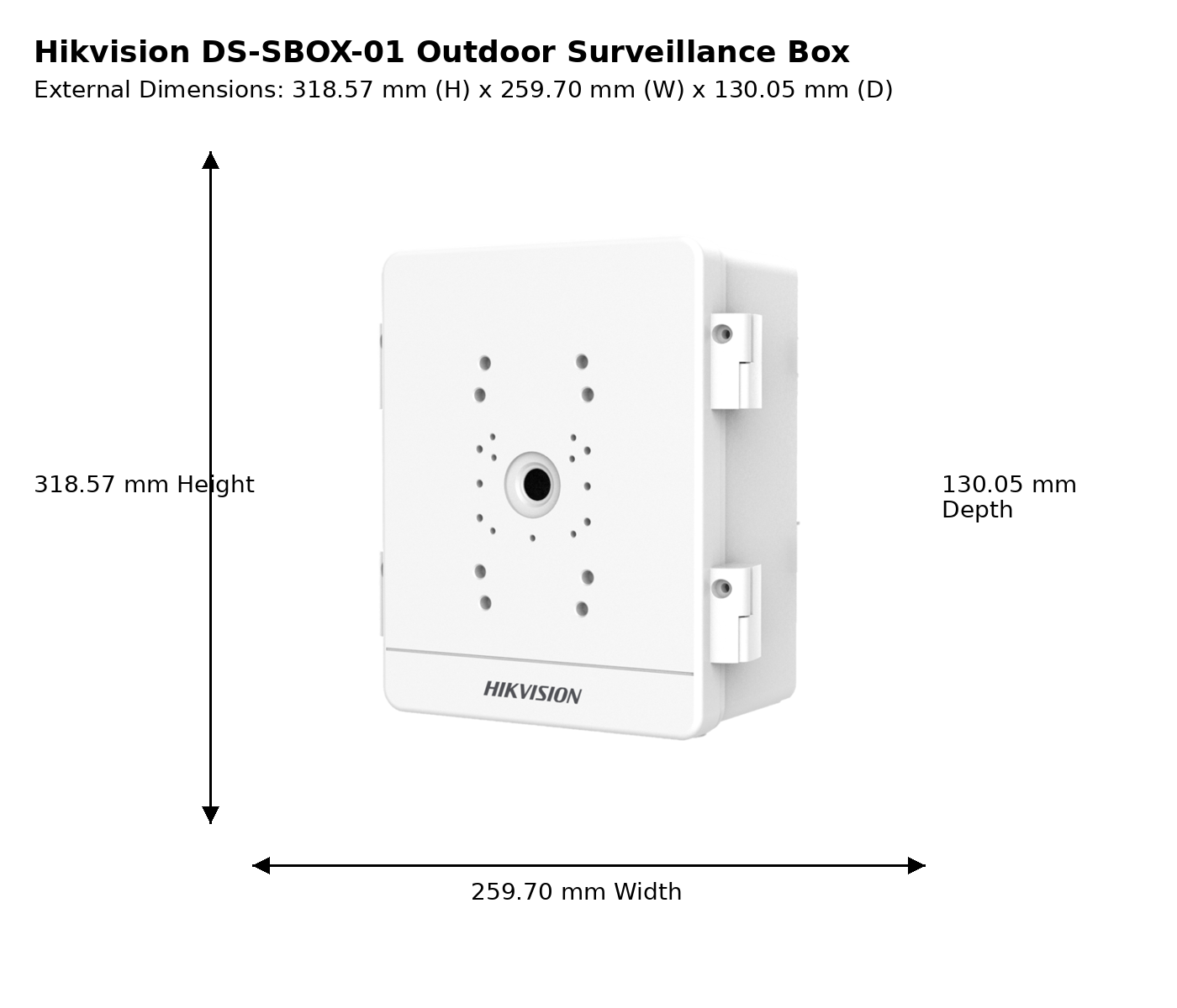 Hikvision DS-SBOX-01 Weatherproof Outdoor-rated Surveillance Box - Enclosure - Cabinet - Pole-Mount Design - External Dimensions: 318.57mm x 259.7mm x 130.05mm