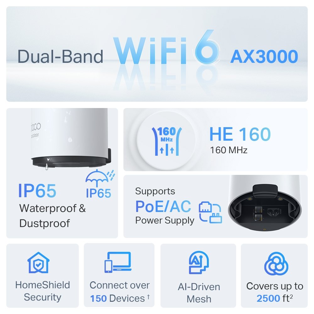 TP-Link Deco X50-Outdoor Dual-Band WiFi6 Mesh Wireless Access Point System - Weatherproof Outdoor Rated - Up to 3Gbps Speed - Dual-Band (5GHz + 2.4GHz)