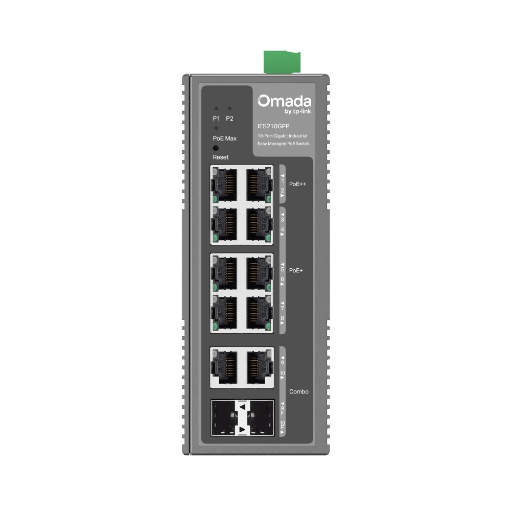TP-Link Omada IES210GPP 10-Port Gigabit Ethernet Industrial Easy Managed Network Switch with 6 * GbE PoE+ Ports + 2 * GbE PoE++ Ports + 2 * Gb Combo RJ45/SFP Slots - 240w PoE Power Budget - 12V~57V DC Input - Solar Compatible - Fanless - Centralized Cloud Management Via Web OR Omada App