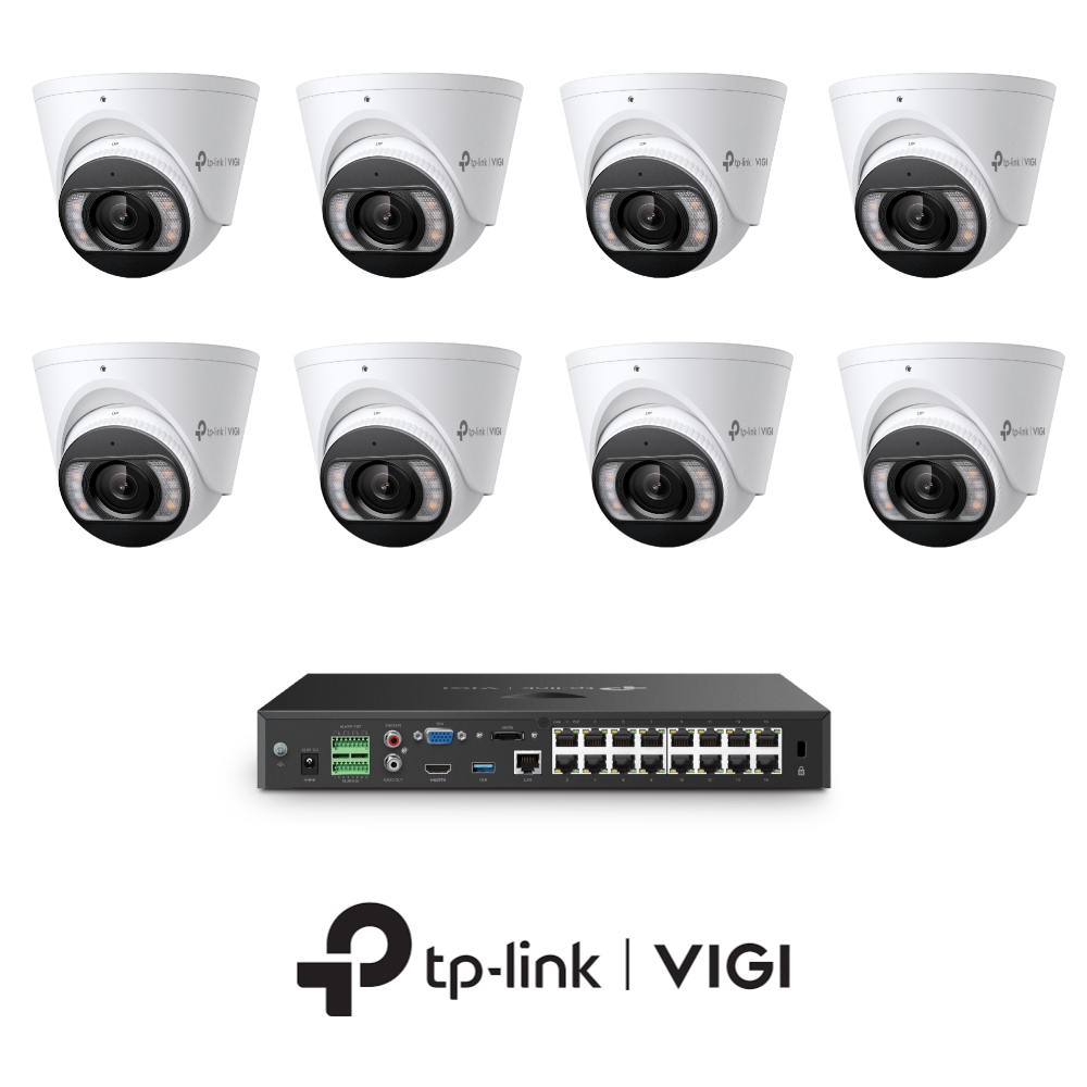 TP-Link VIGI InSight VIGIPROAIO8MPIPCCTVKIT4 – Includes 1 * VIGI NVR2016H-16MP (Without HDD) + 8 * VIGI InSight S485 4K 8MP Active-Deterrence AI Smart-Dual-Light Turret Cameras with 2-Way Audio