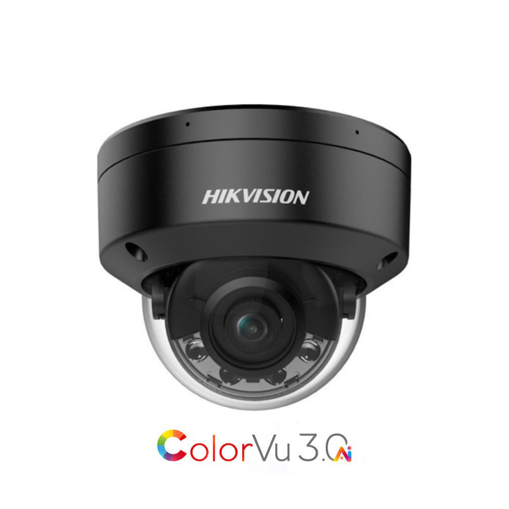 Hikvision DS-2CD2187G3-LIS2UY-BLK ColorVu 3.0 AcuSense 3.0 Deep-Learning AI (Artificial Intelligence) 4K 8MP PoE IP Smart Hybrid Light (30m IR + 30m White-Light) 130dB True-WDR Weatherproof Vandalproof BLACK Dome Camera with 2.8mm Fixed Lens - Built-in Audio Mic - 108.8° Horizontal Field of View