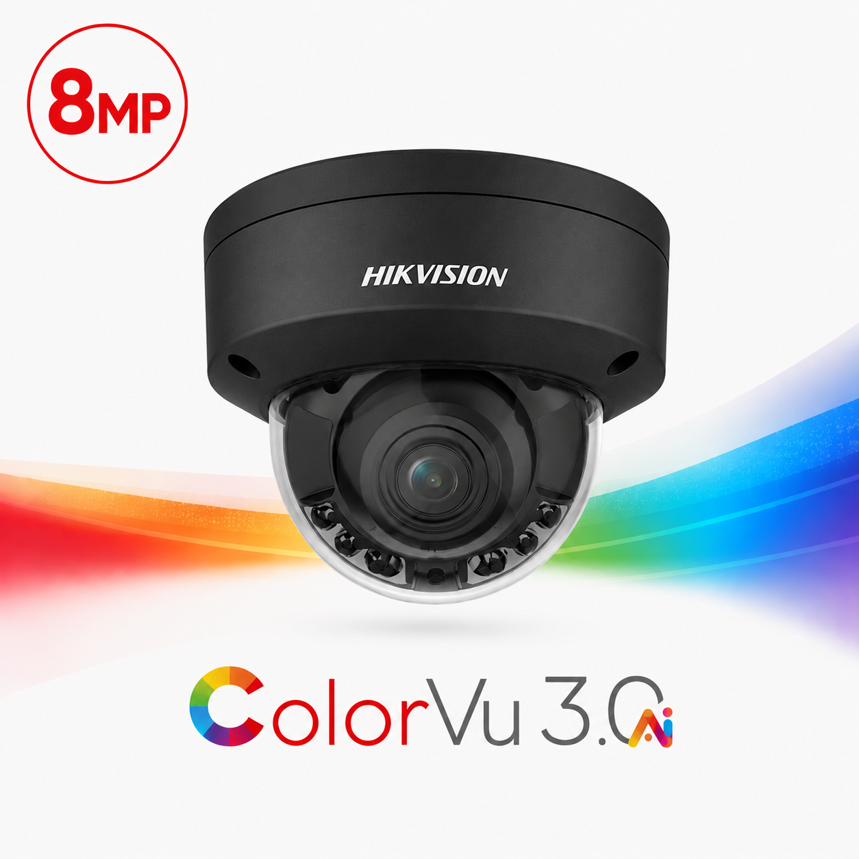 Hikvision DS-2CD2187G3-LIS2UY-BLK ColorVu 3.0 AcuSense 3.0 Deep-Learning AI (Artificial Intelligence) 4K 8MP PoE IP Smart Hybrid Light (30m IR + 30m White-Light) 130dB True-WDR Weatherproof Vandalproof BLACK Dome Camera with 2.8mm Fixed Lens - Built-in Audio Mic - 108.8° Horizontal Field of View