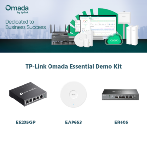 TP-Link Omada Essential Demo Kit - Includes 1 * ES205GP PoE Switch + 1 * EAP653 Ceiling-Mount WAP + 1 * ER605 Gigabit VPN Router