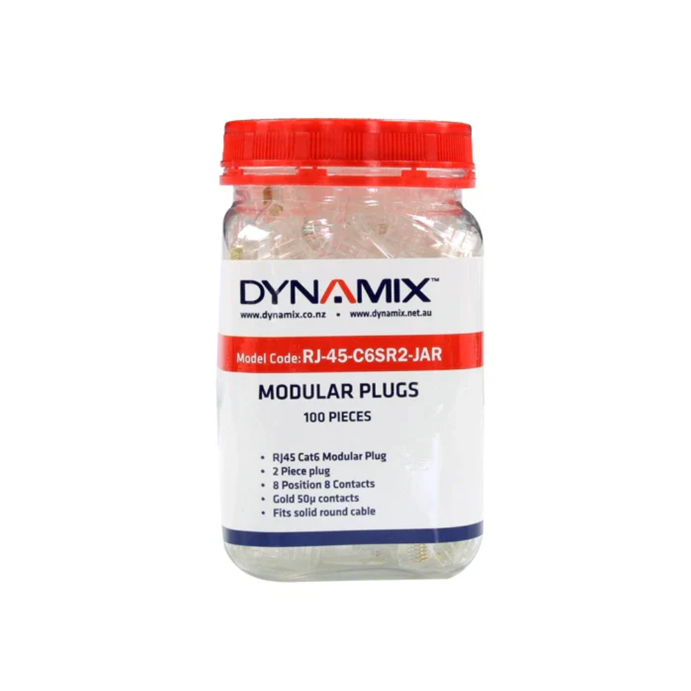 Dynamix RJ-45-C6SR2-JAR - 2-Piece CAT6 RJ45 Plugs / Connectors - Gold Plated Contacts - Jar of 100 Plugs / Connectors