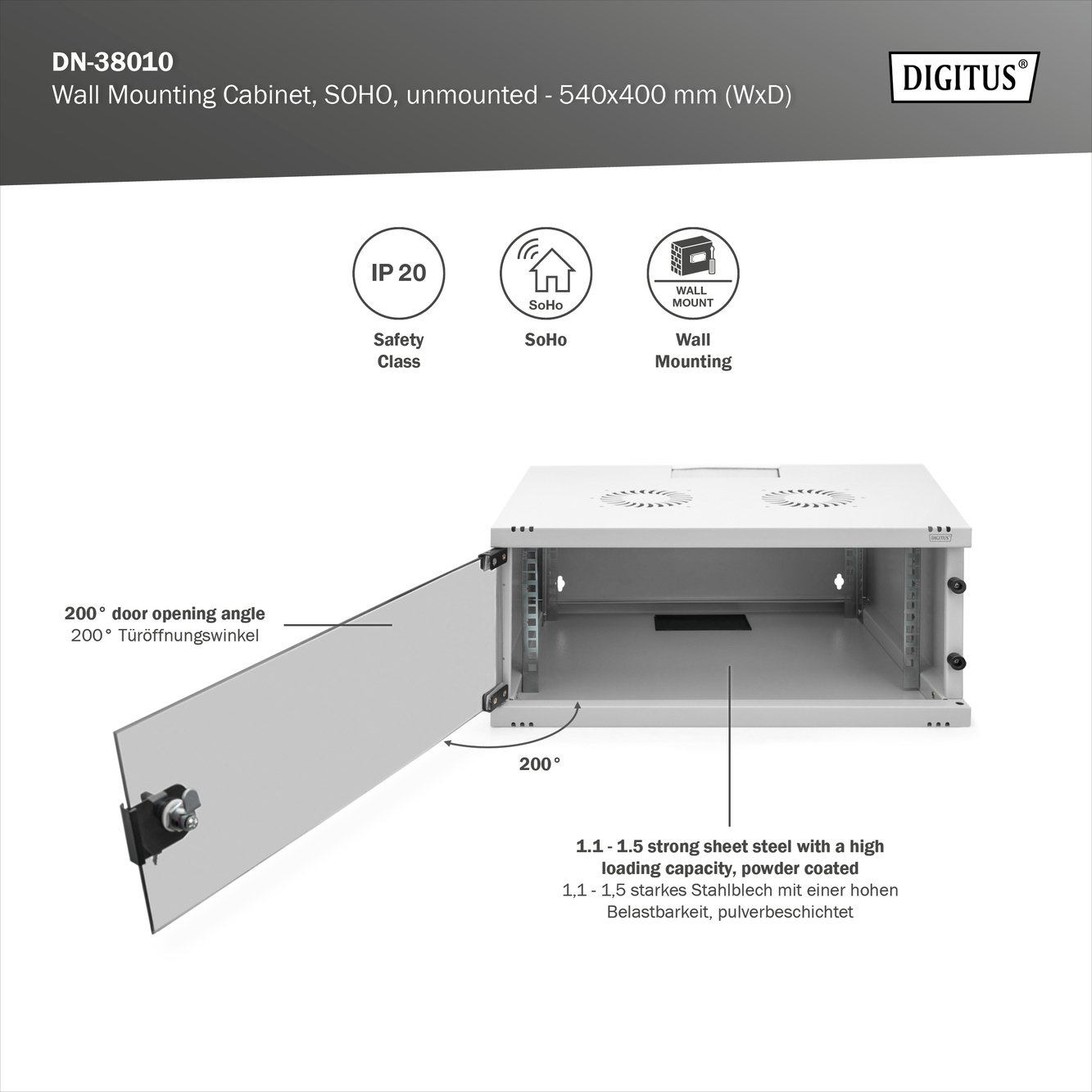 Digitus DN-38010 4U 19" Wall-Mount Server / Data / Network Cabinet - White - Flat-Pack Supply - Dimensions: 241mm (H) x 540mm (W) x 400mm (D)