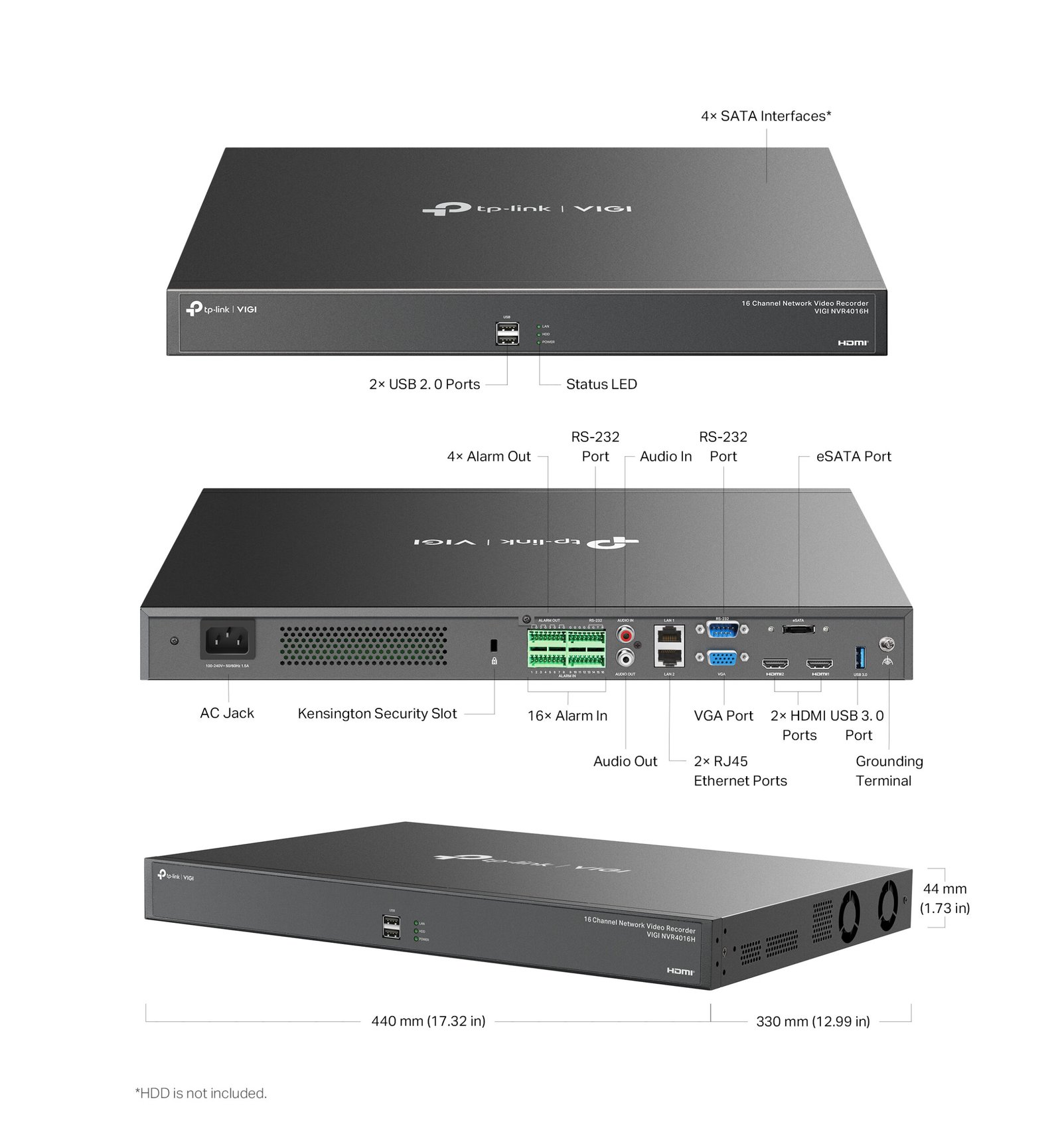 TP-Link VIGI NVR4016H 4K 1.5U 16-Channel Non-PoE Rackmount NVR - Without HDD - 2* GbE LAN Ports