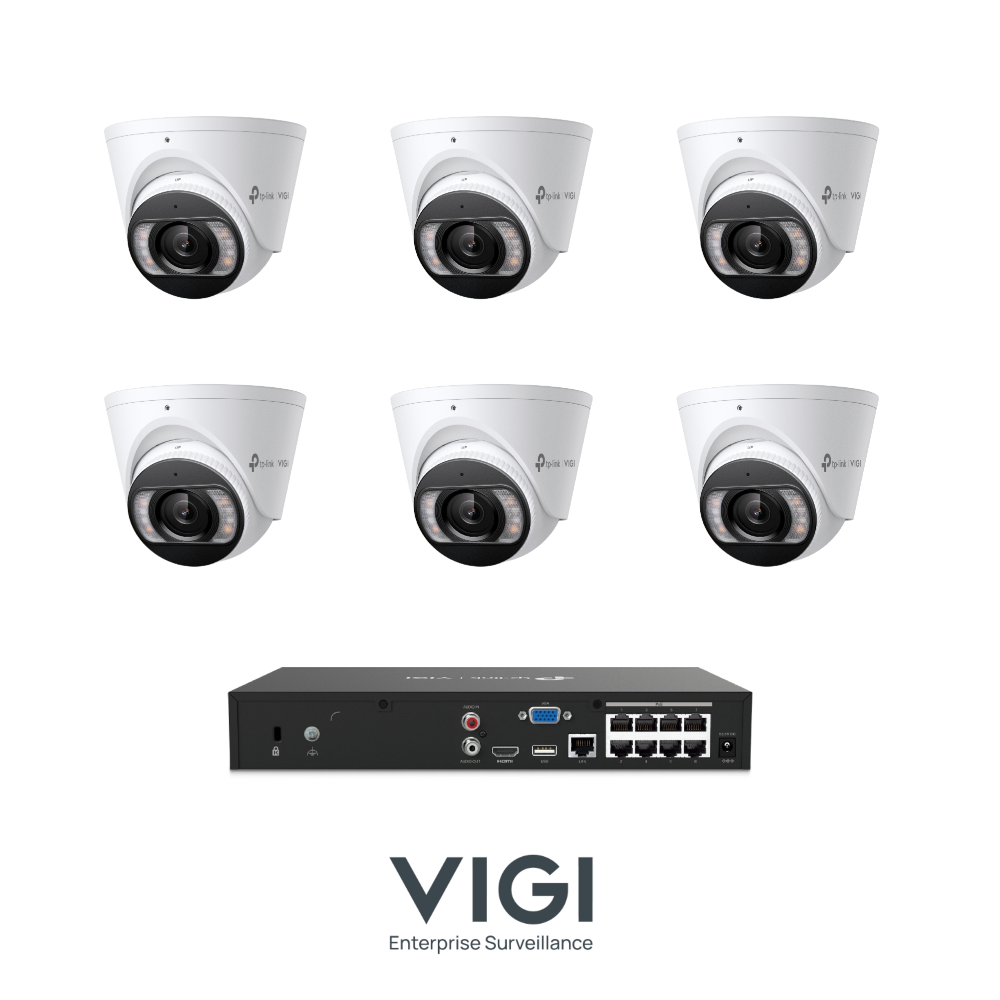 TP-Link VIGI InSight VIGIPROAIO5MPIPCCTVKIT4 - Includes 1 * VIGI NVR1008H-8MP (Without HDD) + 6 * VIGI InSight S455 5MP Active-Deterrence AI Smart-Dual-Light Turret Cameras with 2-Way Audio
