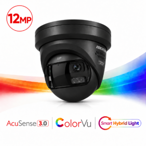 Hikvision DS-2CD23127G3P-LIS2UY/SL-Black H265 4K UHD 12MP Panoramic 180° Degree Ultra-Wide-Angle ColorVu Smart-Hybrid-Light (30m IR + 30m White-Light) 130dB True-WDR Weatherproof Black Eyeball Turret Camera - Built-in Strobe + Siren + 2-Way Audio (Mic + Speaker) - NEMA 4x Anti-Corrosion - 74.6° Vertical FoV with 180° Horizontal FoV