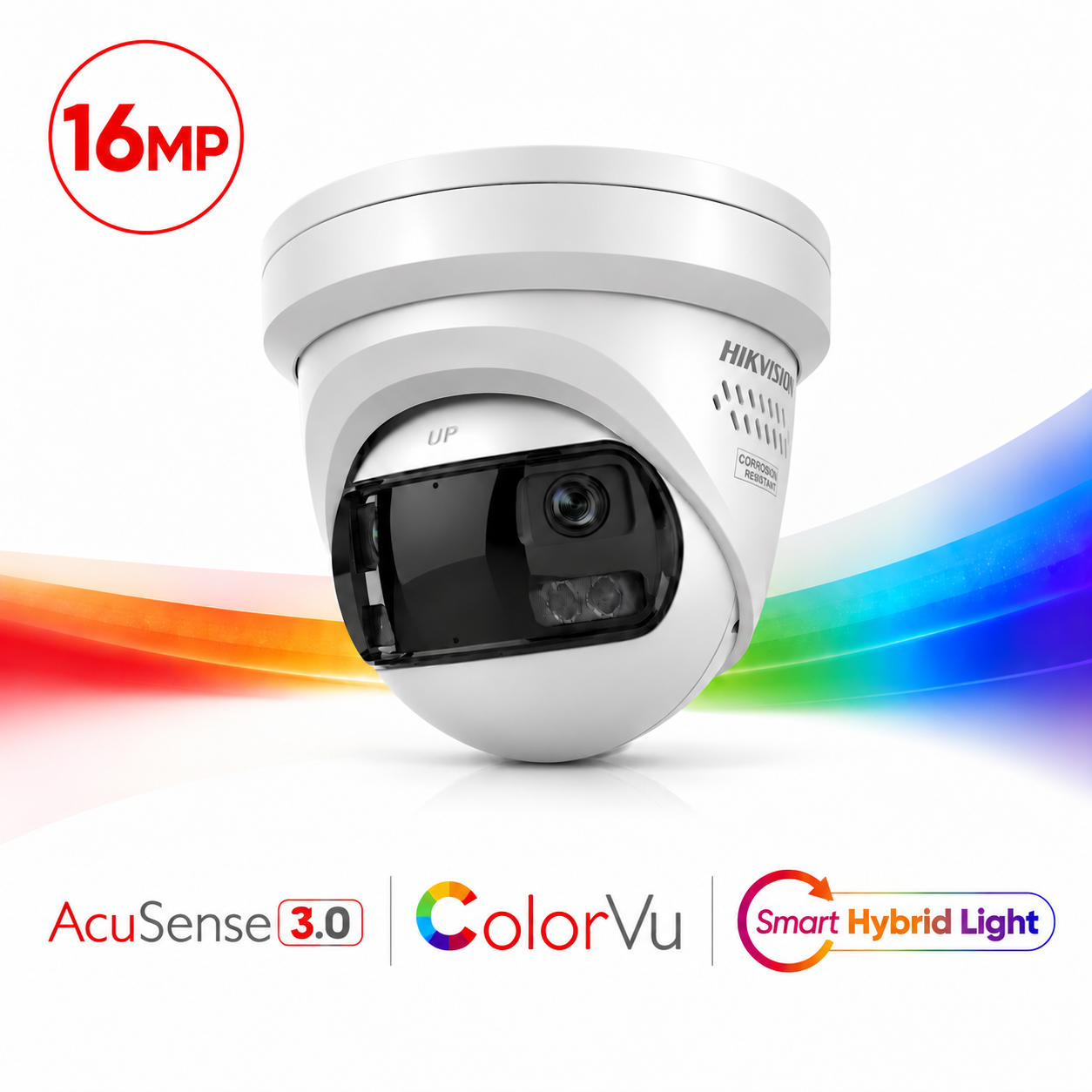 Hikvision DS-2CD23167G3P-LIS2UY/SL H265 4K UHD 16MP Panoramic 180° Degree Ultra-Wide-Angle ColorVu Smart-Hybrid-Light (30m IR + 30m White-Light) 130dB True-WDR Weatherproof Eyeball Turret Camera - Built-in Strobe + Siren + 2-Way Audio (Mic + Speaker) - NEMA 4x Anti-Corrosion - 74.6° Vertical FoV with 180° Horizontal FoV