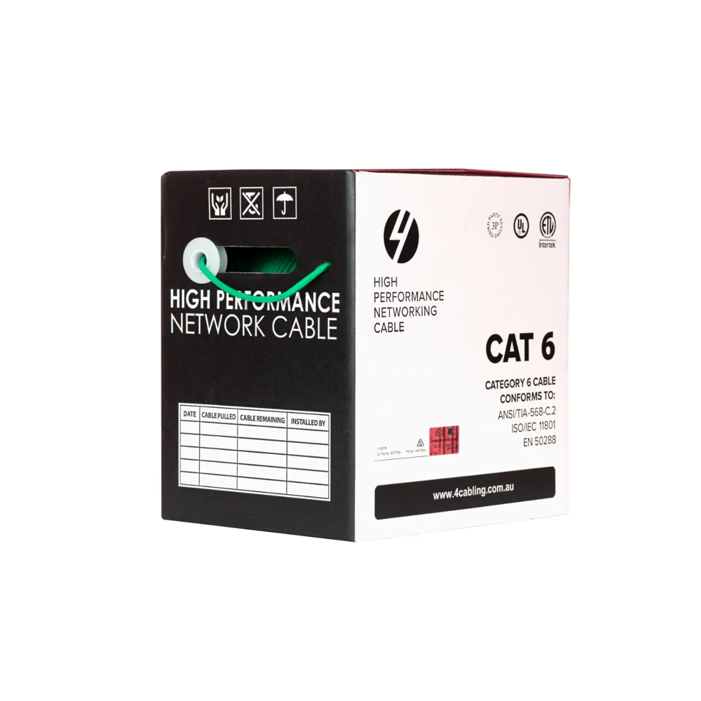 4Cabling SLD.C6UTP.GREEN.R 305m CAT6 GreenĀ UTP SOLID Cable Roll, 550MHz, 23AWG x 4P, PVC CM UL Rated Jacket. Supplied on Plastic Reel in Box
