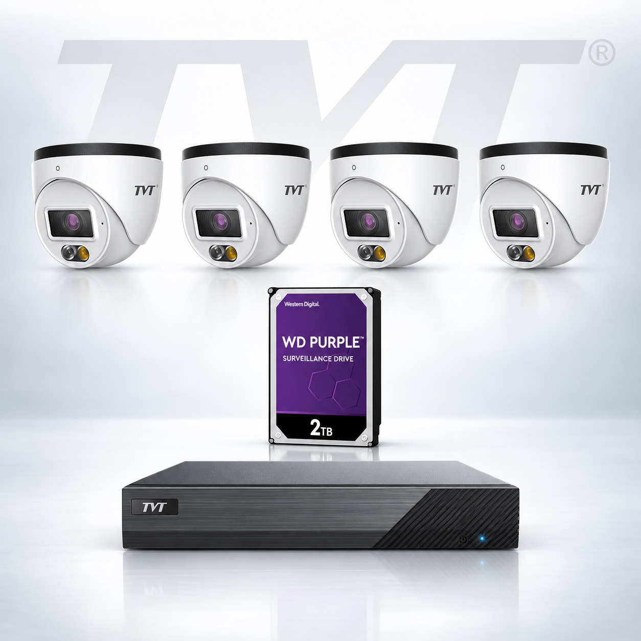TVT TVT-2368NVR-4-KIT - Includes 1 * TD-3004H1-4P-B1-B NVR (with 2TB HDD) + 4 * TD-9524S4L-C 2MP Smart-Hybrid-Light (30m IR + 20m White-Light) Full-Colour IP Turret Cameras with Built-in Mic
