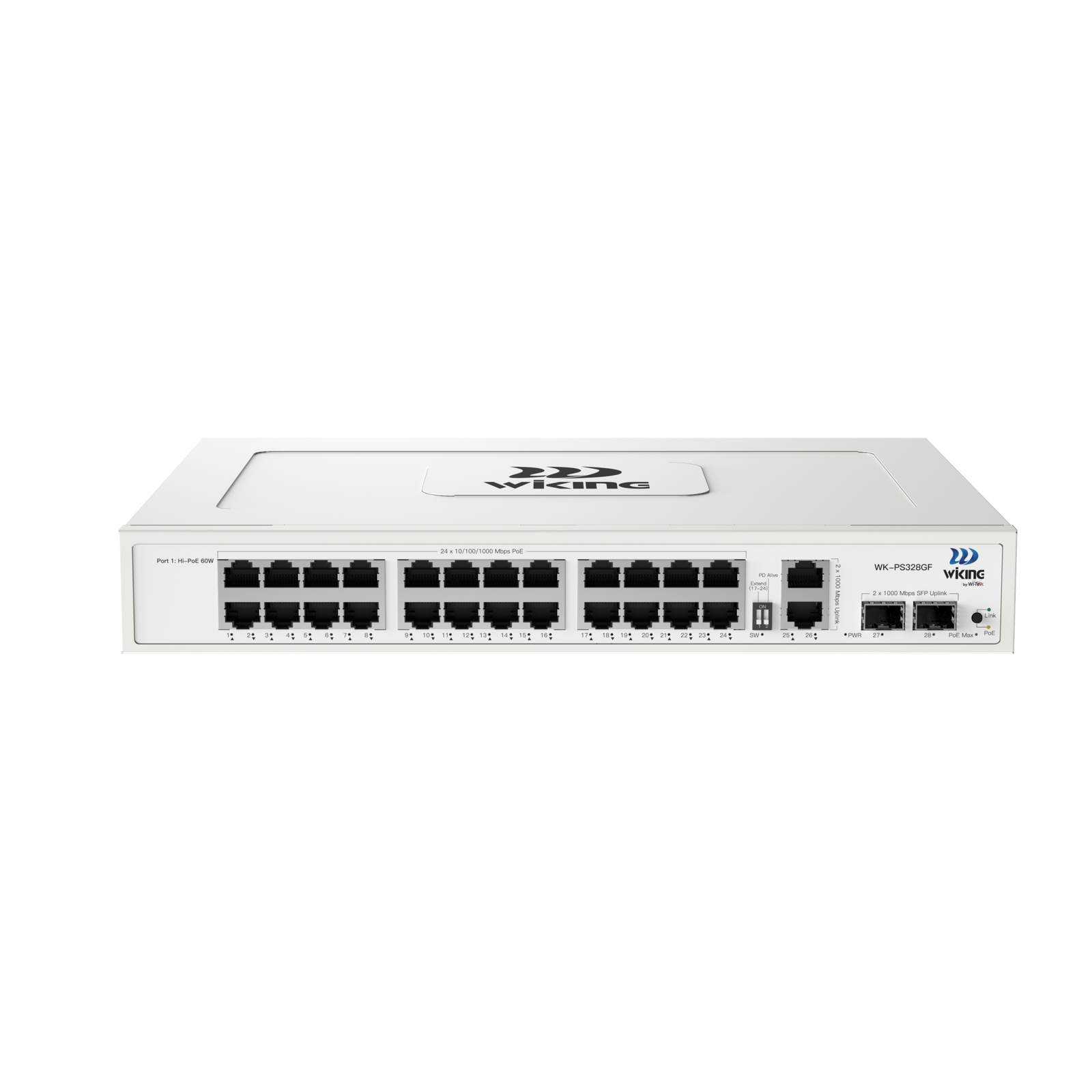 Wi-Tek Wiking WK-PS328GF Rackmountable 28-Port Unmanaged Gigabit Network PoE Switch - 24 * GbE PoE Ports + 2 * GbE Uplink Ports + 2 * SFP Slots - 285W PoE Power - Supports Extend Mode